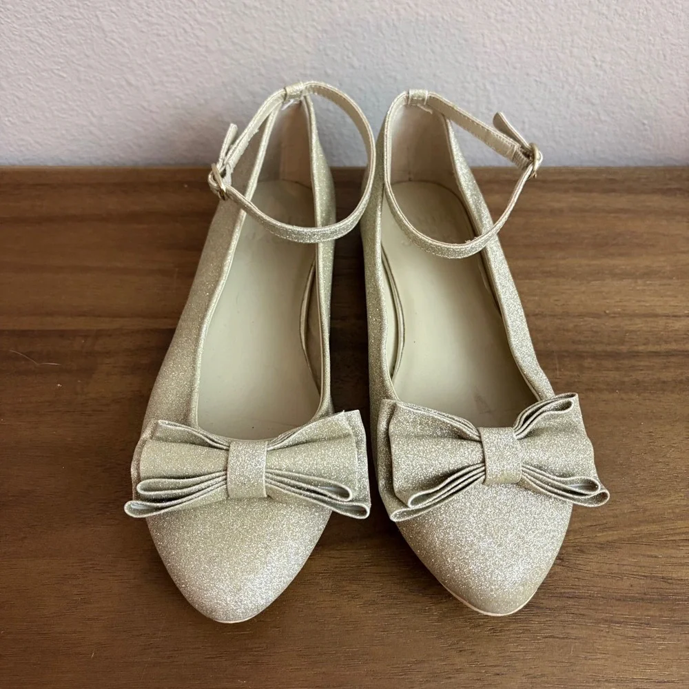 Janie and Jack Gold Glitter Ankle Strap Ballet Flats Size 2Y Sparkle Party Shoes